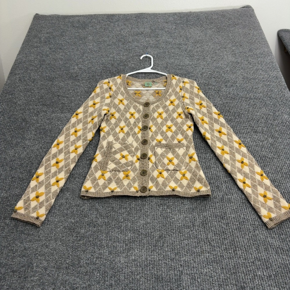 Anthropologie Cardigan Womens XS Brown Wool Blend Argyle Floral Embroidered Boho